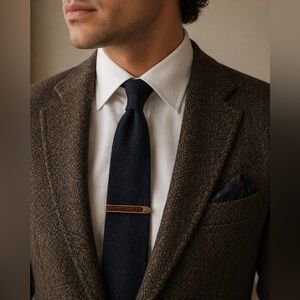 Vintage SWANK 70s Gold Tone Tie Clip Brown Leather Inlay Bar Clip